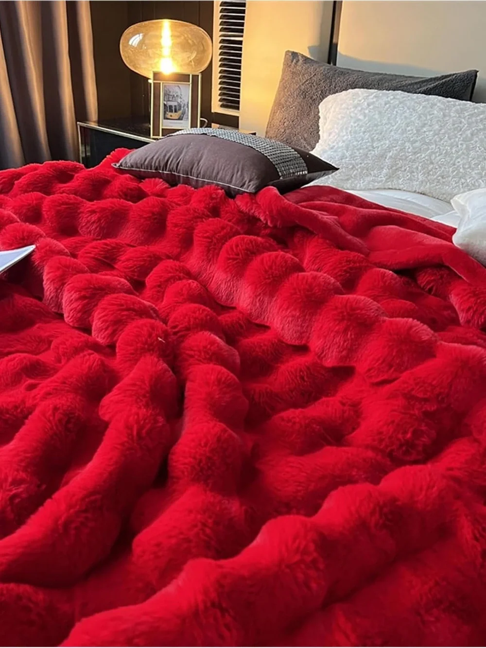 Rachel Zoe Red Plush Faux Fur Throw Blanket